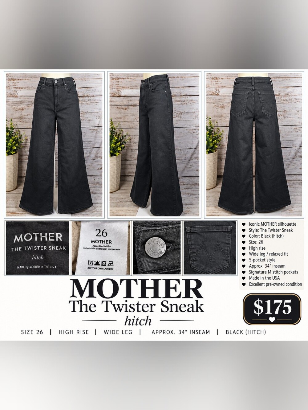 MOTHER The Twister Sneak High Rise Wide Leg Jeans 26 Pitch Black